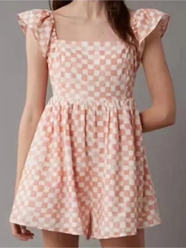 American Eagle Outfitters Coral and White Checkered Ruffle-Strap Romper - Image 7