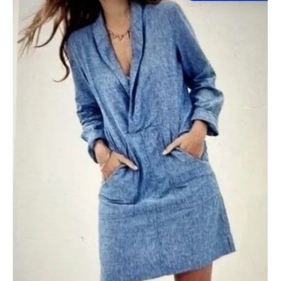 Free People “Done Up In Denim” Sz Small Blue Mini Dress Deep V Shawl Collar Boho - Image 2
