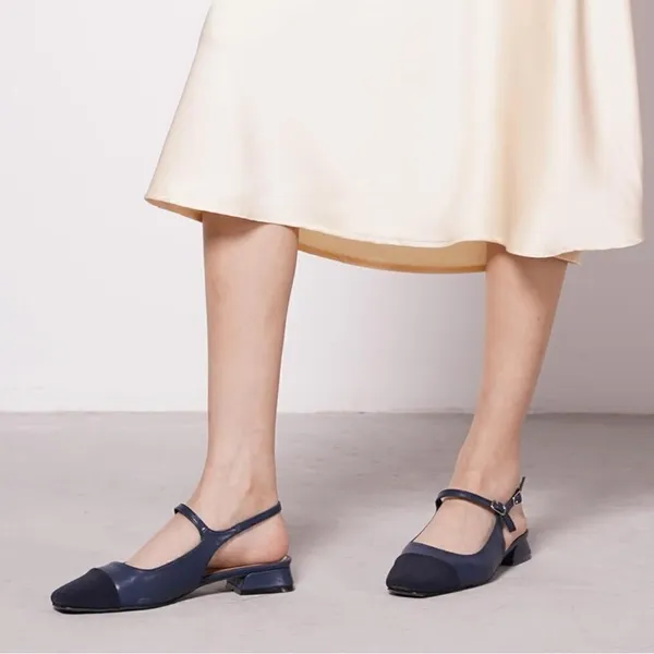 C.Paravano Navy Leather Square Toe Slingback Flats Blue Size 9 - Image 5