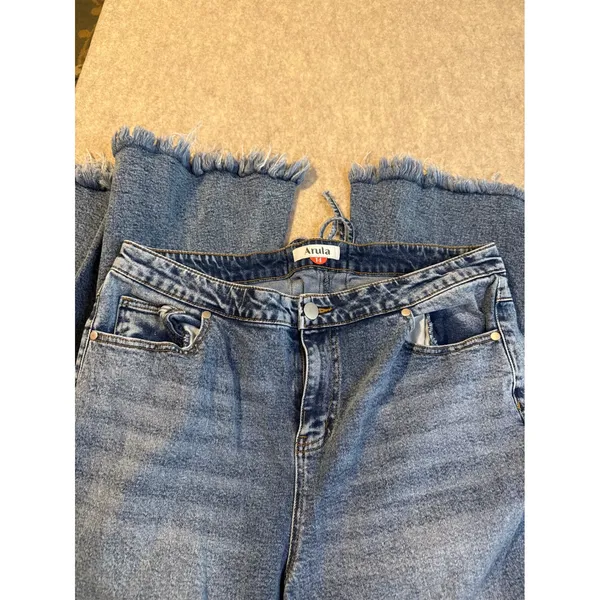Arula Blue Lace Up Back Flare Jeans Frayed Hem Medium Wash Size 14 - Image 8