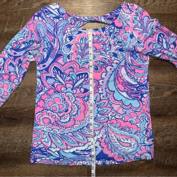 Lilly Pulitzer Pink and Blue Long Sleeve Cut Out Blouse - Image 3