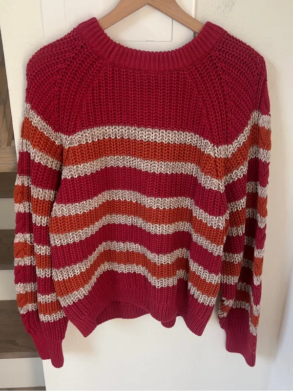 Free People Frankie Striped Cable Knit Sweater - Red Combo Stripes - Large - Image 4
