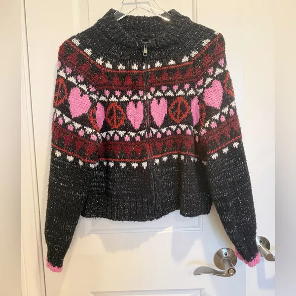 PILCRO For ANTHROPOLOGIE Peace Love‎ Icon Zip Front Sweater Small Chunky Knit - Image 3
