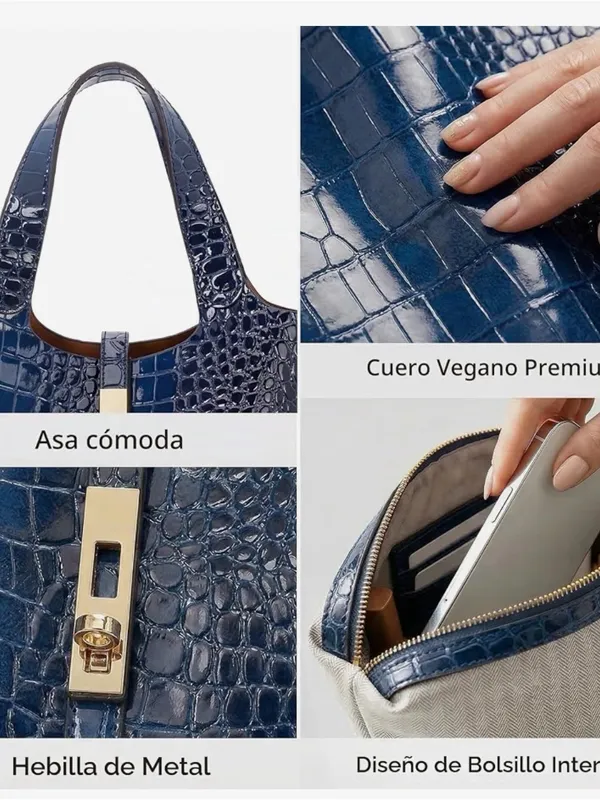Luxury Navy Blue Croc-Embossed Bucket Bag with Gold Hardware & Charm - Image 4