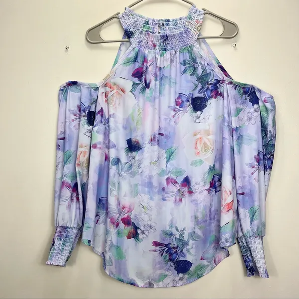 Torrid Watercolor Floral Georgette Smocked Neck Cold Shoulder‎ Blouse 1X - Image 5