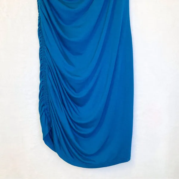 A New Day Teal Blue Asymmetrical Ruched Cocktail Bodycon Mini Dress Size Small - Image 4