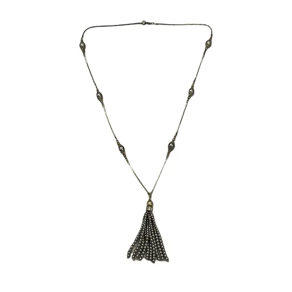 Silver-Tone Tassel Necklace with Faux Pearl Station Beads and Rhinestone Accents - Image 2