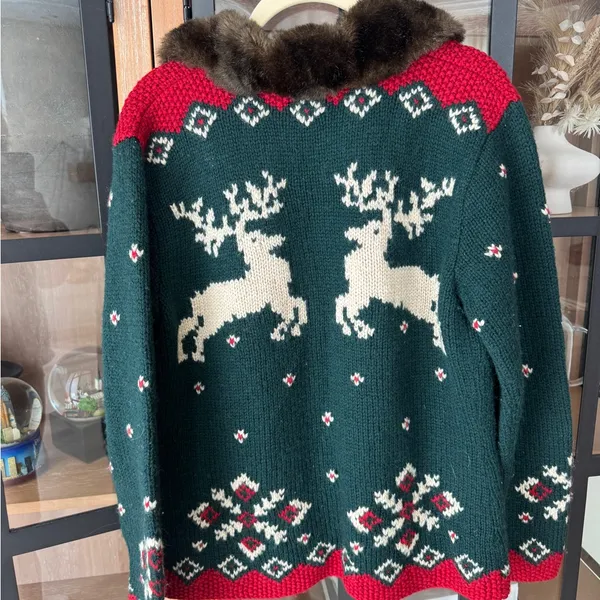 Vintage Ralph Lauren Hand Knit Wool Fur Collar Reindeer Christmas Sweater zipup - Image 3