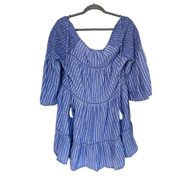 Free People Lola Boho Striped Tiered Dress Chambray Blue Embroidered Lagenlook‎ - Image 4