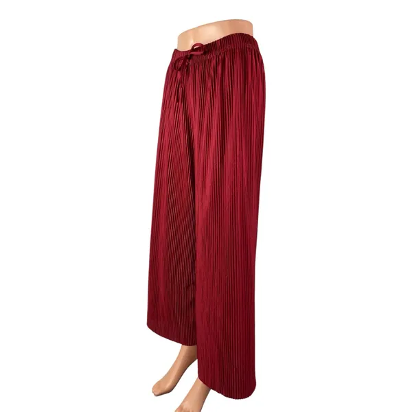 Jon & Anna Women's Red Pleated Plisse High Rise Tie Wide Leg Trousers Pants Sz L - Image 3