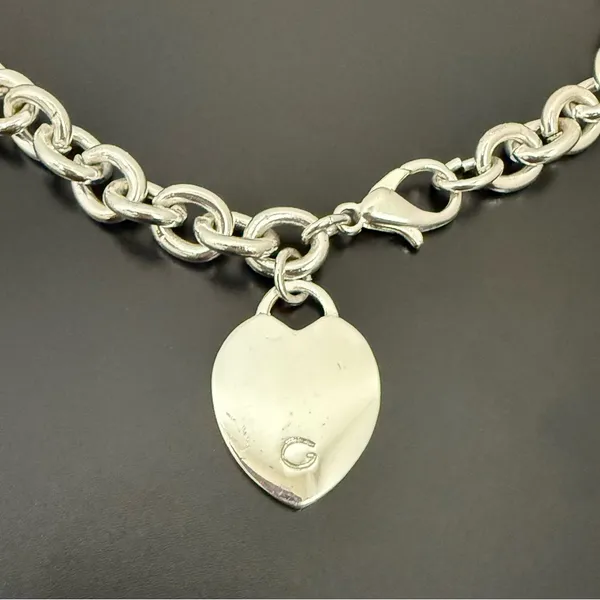 Unsigned Silver-tone Chunky Chain Heart Pendant “G” Stamped 16” Necklace 55g. - Image 8