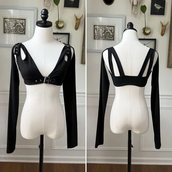 Outcast Harmony Long Sleeve Plunging Neck Crop Top Silver Buckles $65 L - Image 2