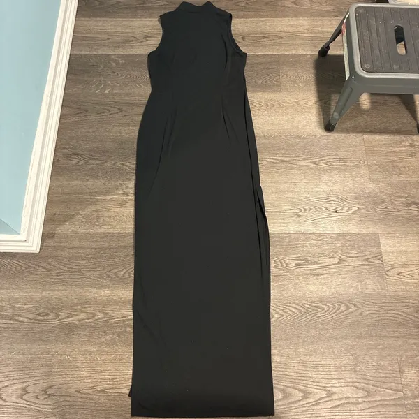 Adrianna Papell Vintage Black Cheongsam Maxi Dress with Floral Embroidery & Mandarin Collar - Image 3