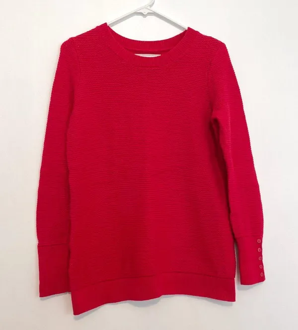 ANN TAYLOR LOFT Textured Button Cuff Sweater Bright Red 100% Cotton Crew Neck M - Image 2