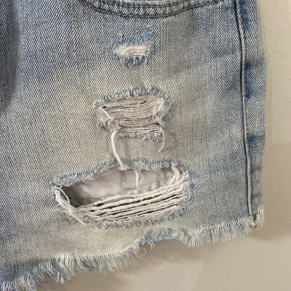 BDG UO Super high rise cheeky denim shorts light wash distressed fringed hem 29 - Image 6