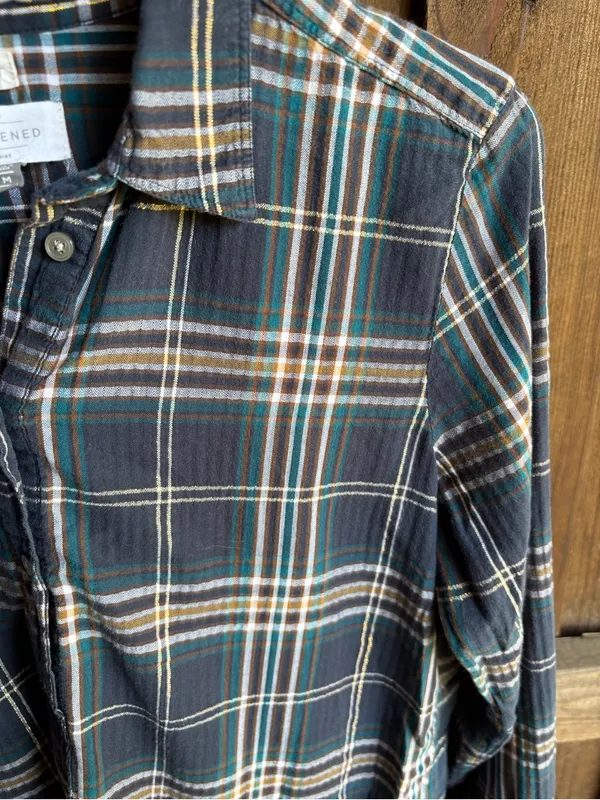 Loft Blue and Metallic Gold Plaid Softened Shirt - Image 4