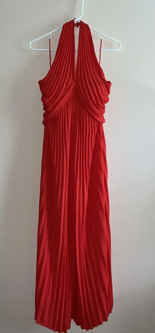 Reiss NWT ROYA HALTER NECK PLEAT Red MIDI DRESS - Image 10