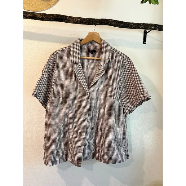 Quince 100% European Linen Gingham Brown Short Sleeve Blouse Top Size XL - Image 2