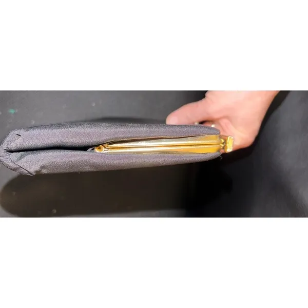 Vintage Black Satin Evening Clutch‎ Bag Gold Tone Frame Wavy Top Bar Formal - Image 6