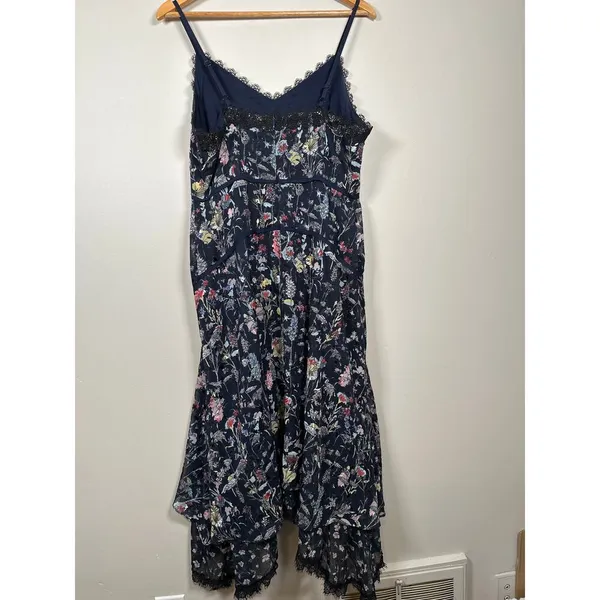 FOXIEDOX Carolina Floral‎ Midi Lace Trim Dress Blue Whimsy Asymmetrical Hem Sz 8 - Image 6