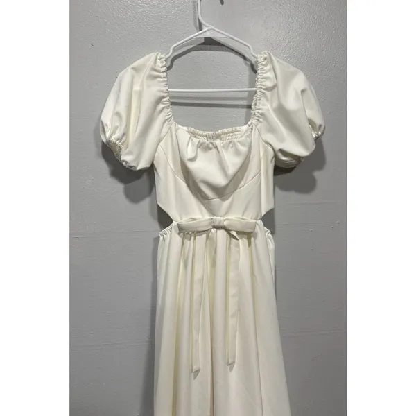 Timeless Collection A-Line Midi Dress Puff Sleeve Cut Out Womens XS Off White - Image 2