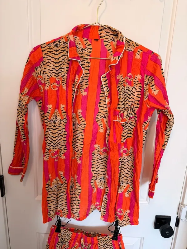 Cotton Long Pajama Set in Tibetan Tiger Pink & Orange - Image 3