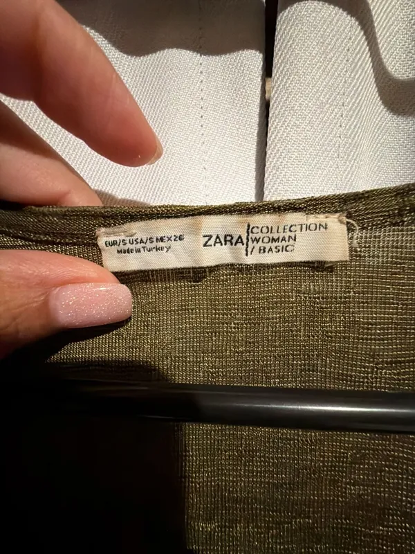 Zara Wrap Blouse Size S Olive Green Velvet V-Neck Tie Front Top - Image 2