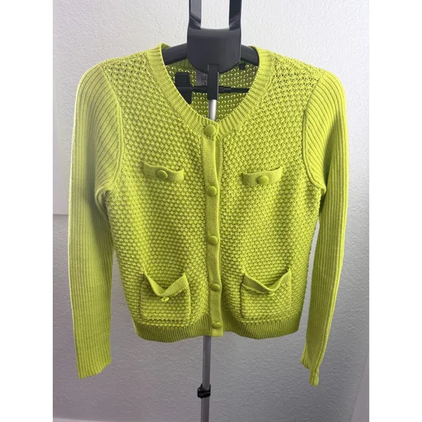 Cabi Loren #5011 Knitted Lime Green Retro Long Sleeve Sweater w Front Pockets M - Image 2