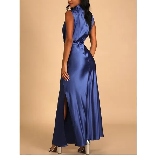 NWT Lulus Classic Elegance Satin Sleeveless Mock-Neck Slit Maxi Dress Large Blue - Image 5