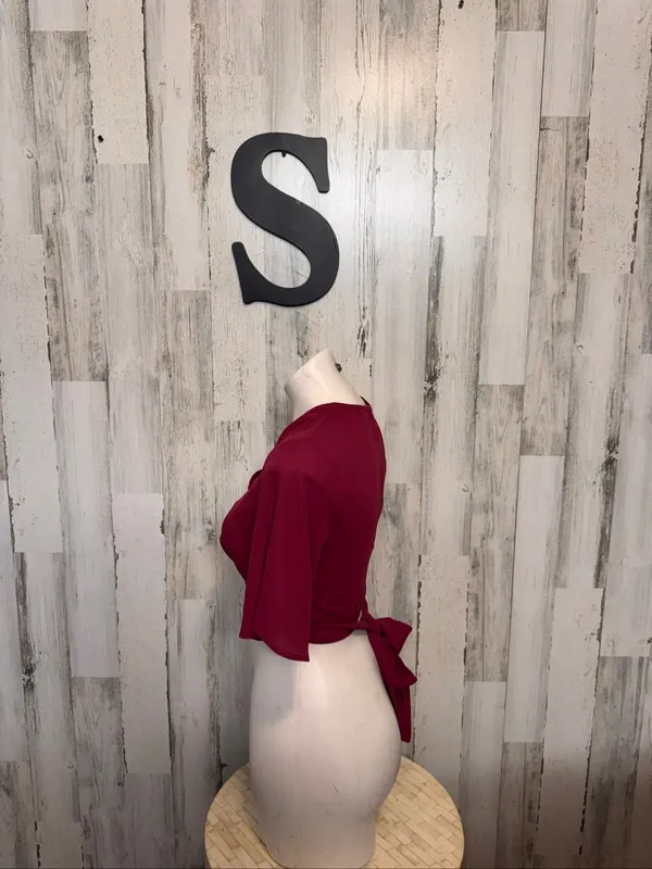 Charlotte Russe Burgundy V Neck Flutter Sleeve Crop Top Womens Small Back Zip Ti - Image 2