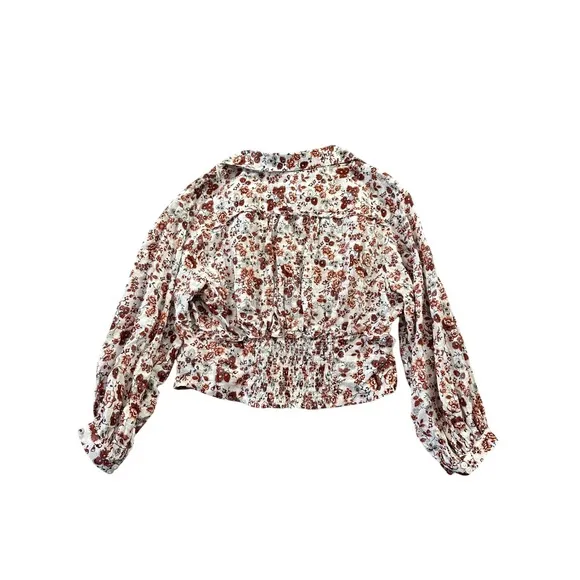 Anthropologie Gauzy Cream Floral‎ Button Front Cropped Blouse Rust Long Sleeve - Image 11