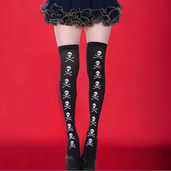 Skull Print Thigh High Socks, Cosplay‎ Over The Knee Socks, Women One Size - Image 2