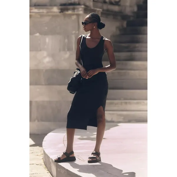 Anthropologie Beyond‎ Yoga Women Fit the Mood Midi Dress XS Black Ruched Tank - Image 4