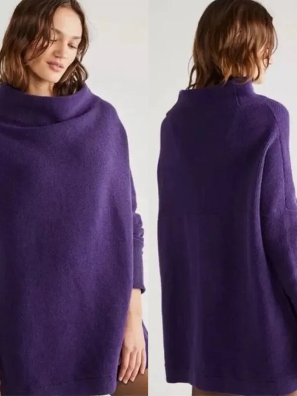 FREE PEOPLE Ottoman Cowl Purple Ribbed Sweater Pullover Top - Image 2