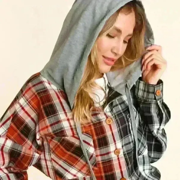 Rust and Charcoal Grey Plaid‎ Button Down Hoodie Top Orange - Image 3