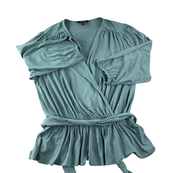 Lauren Ralph Lauren Black Label Wrap Top Womens L Teal Peplum Jersey V Neck Soft - Image 2