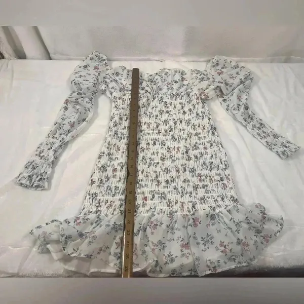 Goodnight Macaroon White Floral Smocked Sheer Sleeve Dress - Image 7