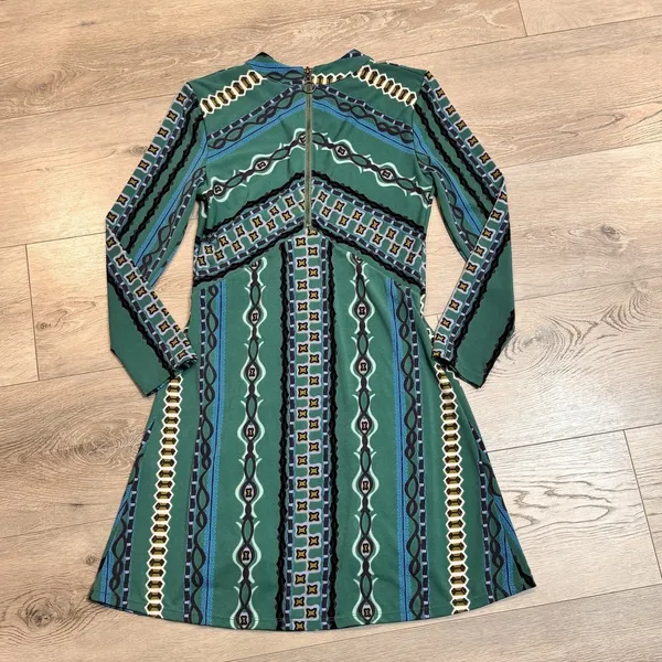 Free People Dress XS Green Stella Printed Mock Neck Long Sleeve‎ Boho Mini - Image 2