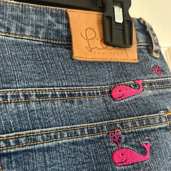 Vintage Lily Pulitzer blue mid rise boot cut jeans size 2 pink whale nautical - Image 4