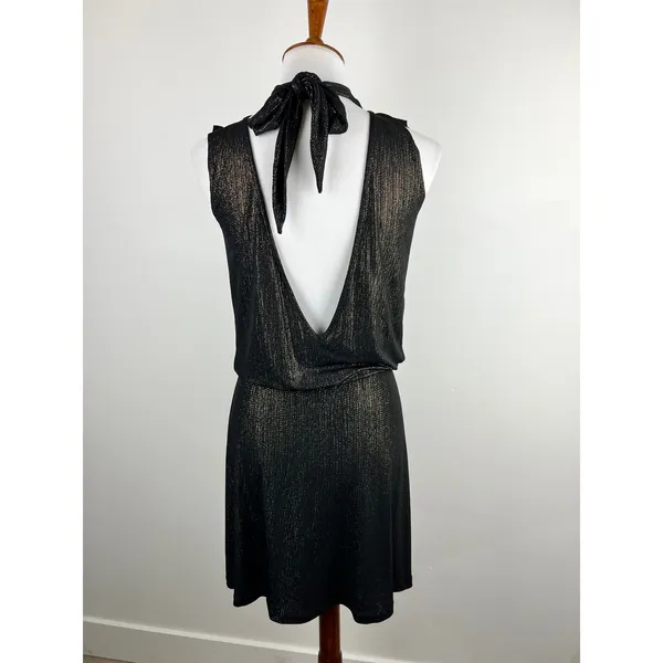 Veronica M Black‎ Gold Lurex Sparkle Mock Neck Backless Draped Cocktail Dress XS - Image 2