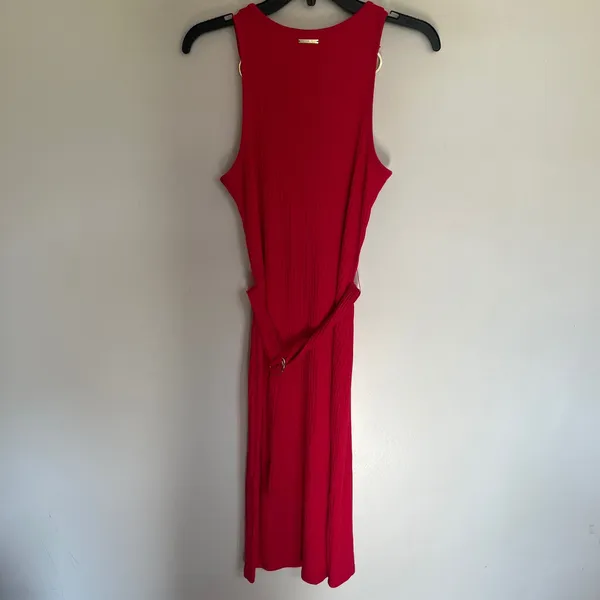 Michael‎ Michael Kors Ribbed Knit Midi Dress Red Pink Ring Shoulder Belted Small - Image 14
