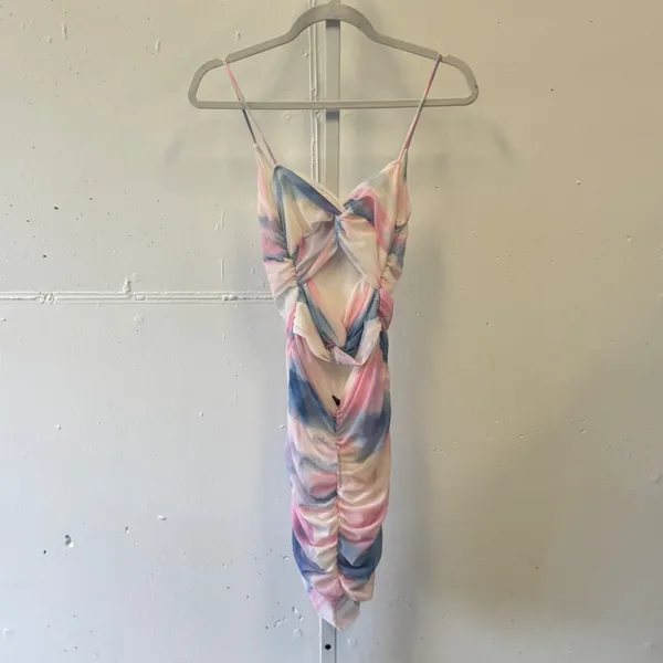 NWT Windsor Pink Blue Watercolor Ruched Mesh Bodycon Mini Dress Cutout Back Sm - Image 2