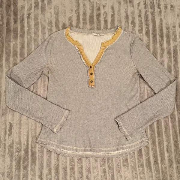 Hem & Thread Womens‎ Blue Waffle Knit Henley Thermal Long Sleeve Mustard Trim M - Image 2