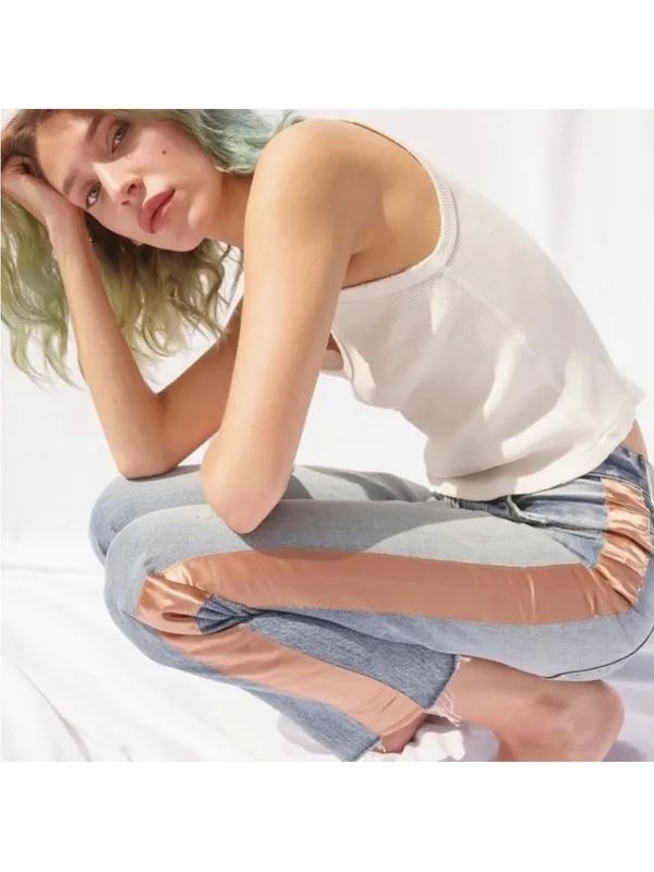 AMO Loverboy Indigo Adobe Ribbon Jeans 28 Cotton Raw Hem High Waisted - Image 9