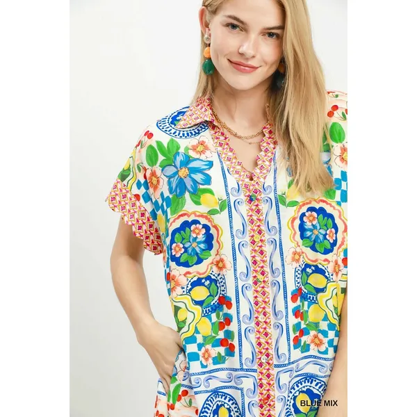 Umgee Mediterranean Print Dress with Contrast Printed Trim - Blue Mix - Small - Image 5