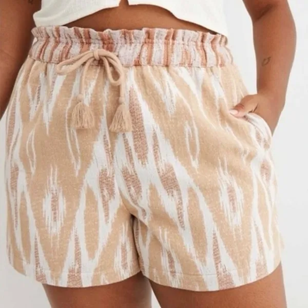 Aerie Ikat Print Paperbag Waist Shorts Tan White Boho Tassel Drawstring Size L - Image 2