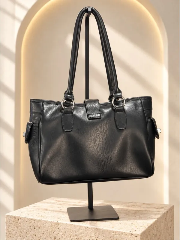Coach Leather Medium Tote Bag Black with Heart Charm Shoulder Handbag - Image 4