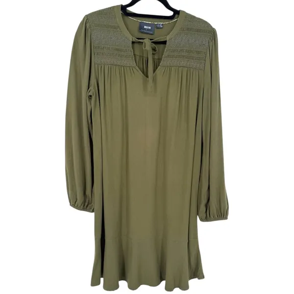 Anthropologie Maeve‎ Ragonda Tunic Dress Moss Green Smocked Long Sleeve Size 12 - Image 4