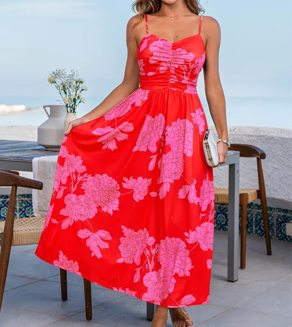 Cupshe NEW Soft Side Floral Maxi Dress Womens M Pink Vacation Long Sleeveless - Image 4