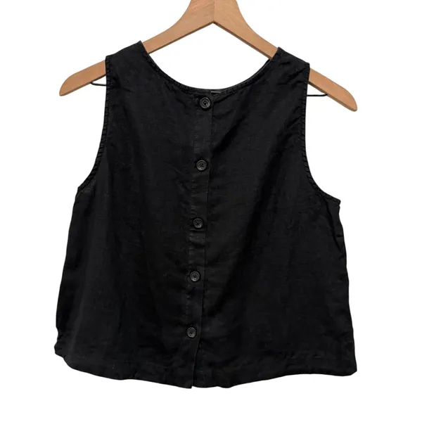 J. Crew Linen Vest Sleeveless Button Front Top Women Size S Black V-Neck Preppy - Image 2